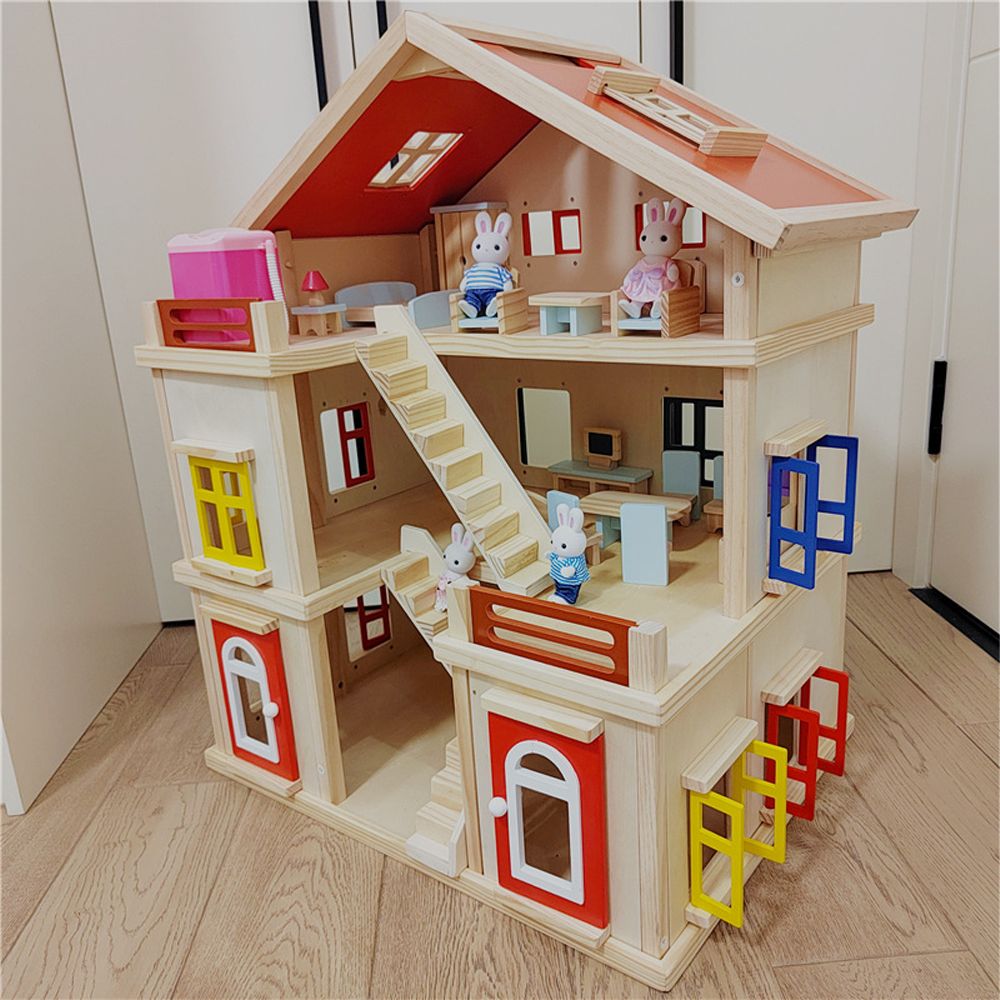 Large Wooden Doll House - Accessories included (56x43x72cm)