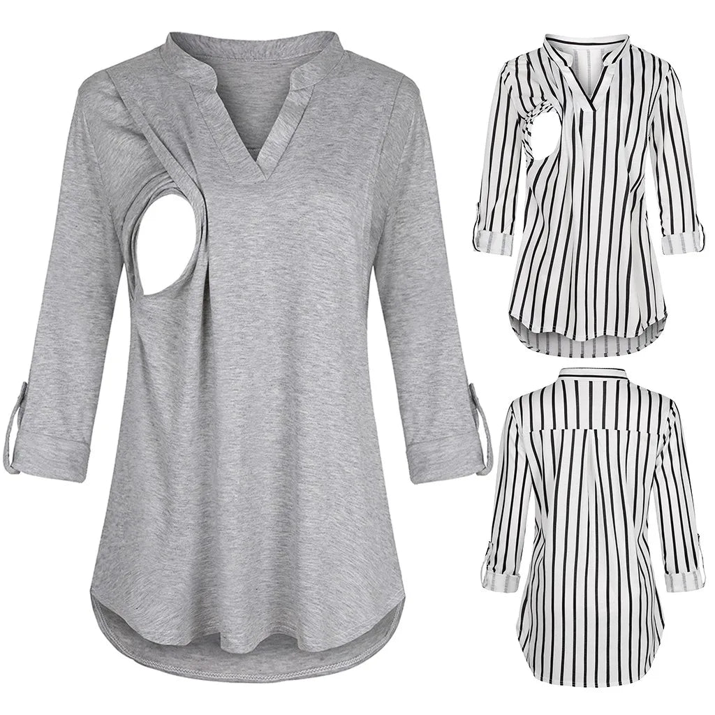 New Fashion Maternity Blouses - Long Sleeve Striped Nursing Tops