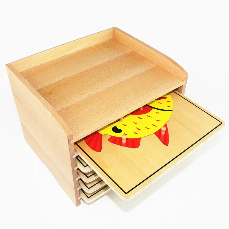 Montessori Animal Puzzle Cabinet With 5 Puzzles