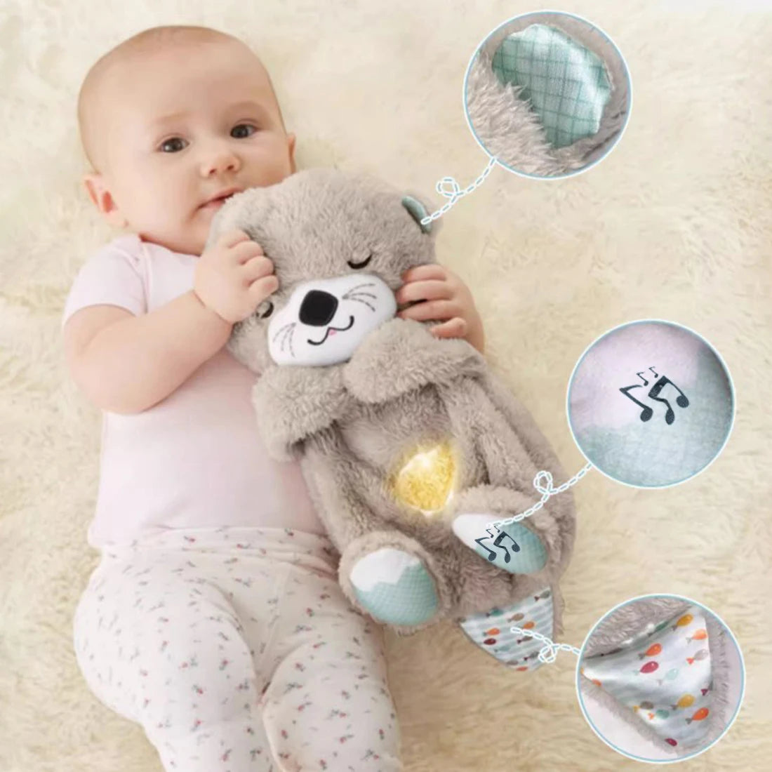 a baby with calming otter plush