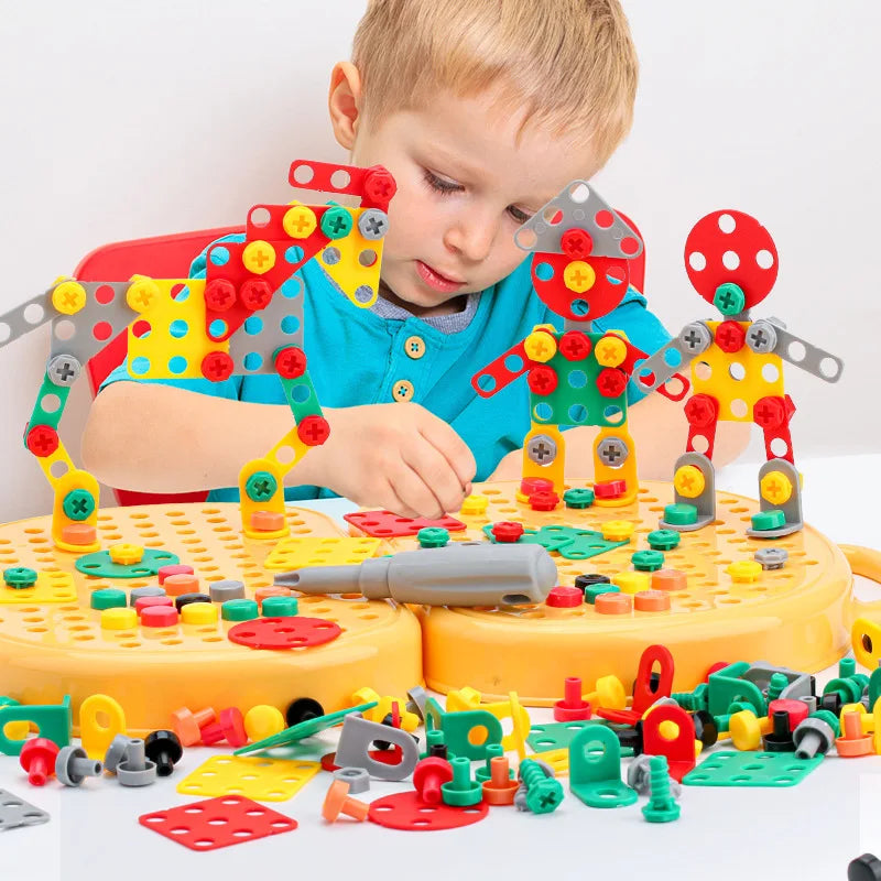 a boy is playing with tool box